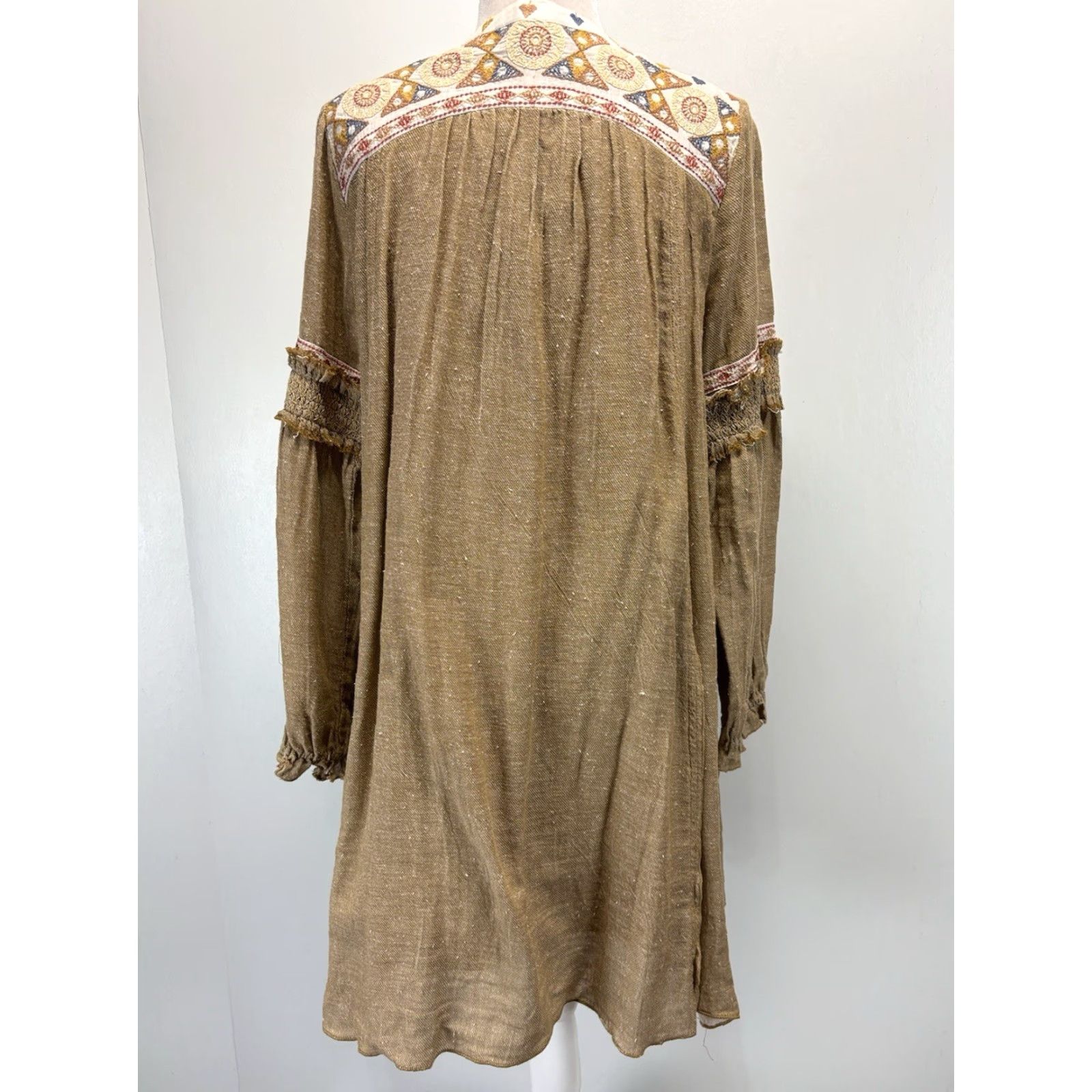 Free People Free People Dress Womens M Tan Boho Embroidered Shift Long Sleeve Size M / US 6-8 / IT 42-44 - 3 Thumbnail