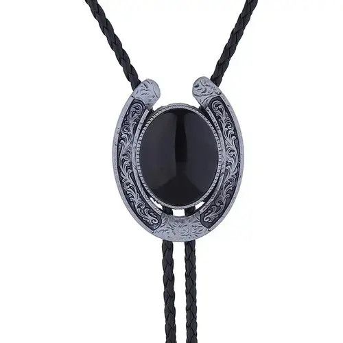 Cowboy Equipment × Vintage Western Horseshoe Black Agate Leather Rope bolo tie Size ONE SIZE - 4 Thumbnail