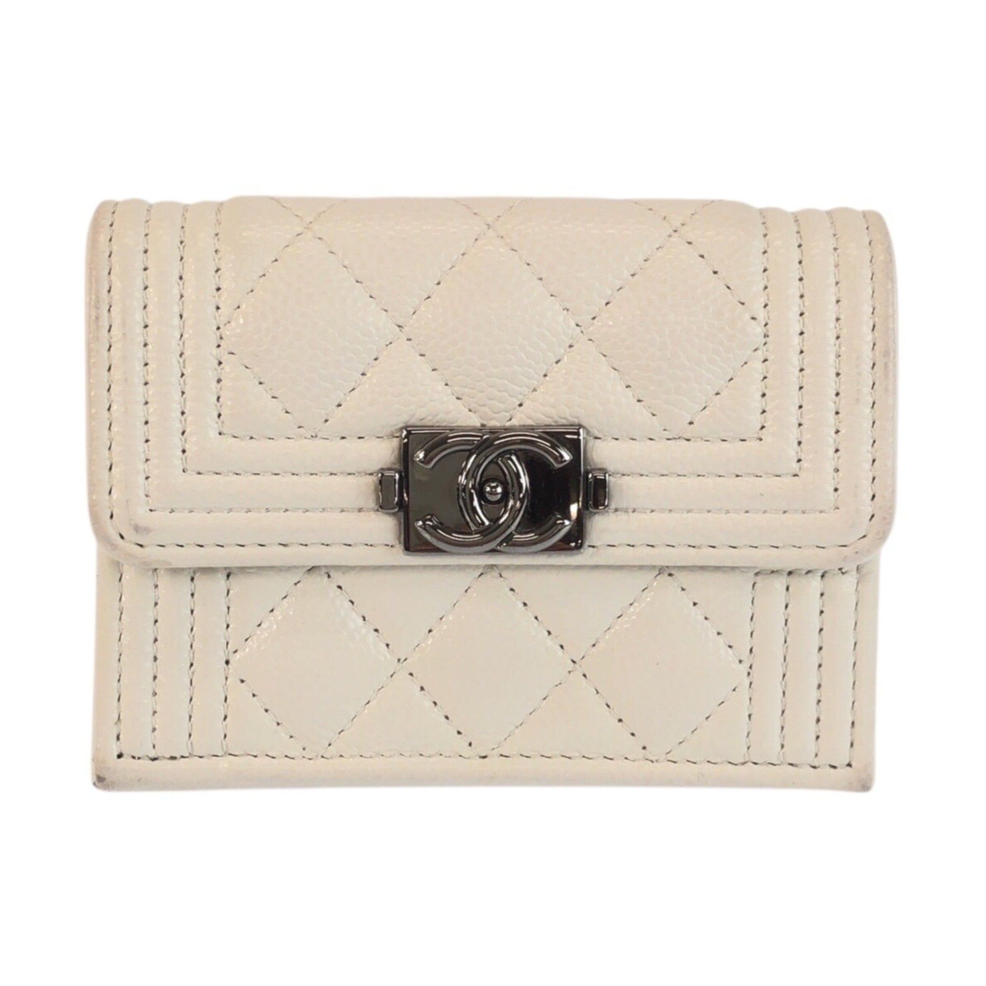 Chanel CHANEL Boy Chanel Coco Mark White Silver Hardware Leather Folding Wallet Compact for Women Size ONE SIZE - 1 Thumbnail