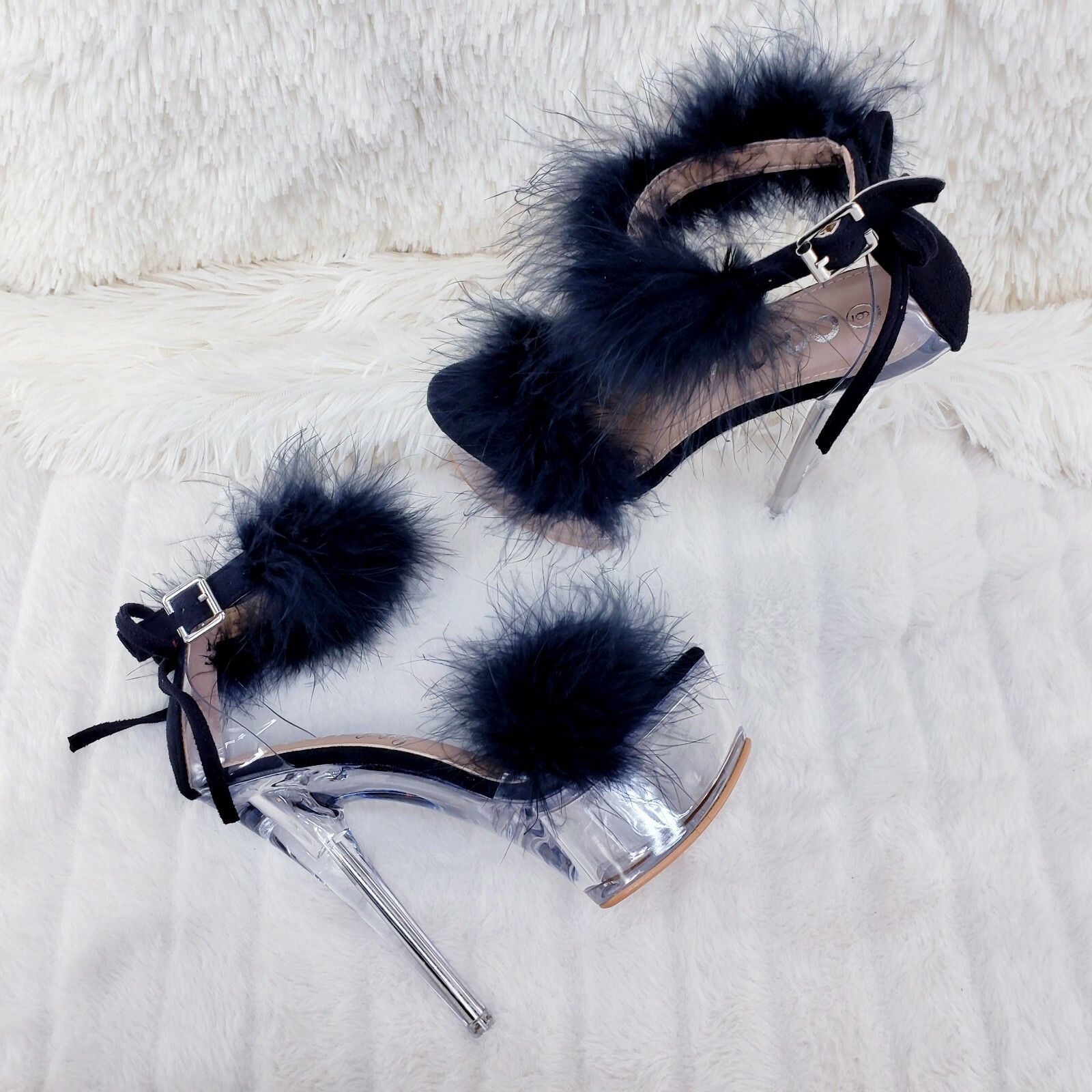Other Black Marabou Feather Platform Shoes Sandals 6" High Heel Sa Size US 9 / IT 39 - 4 Thumbnail