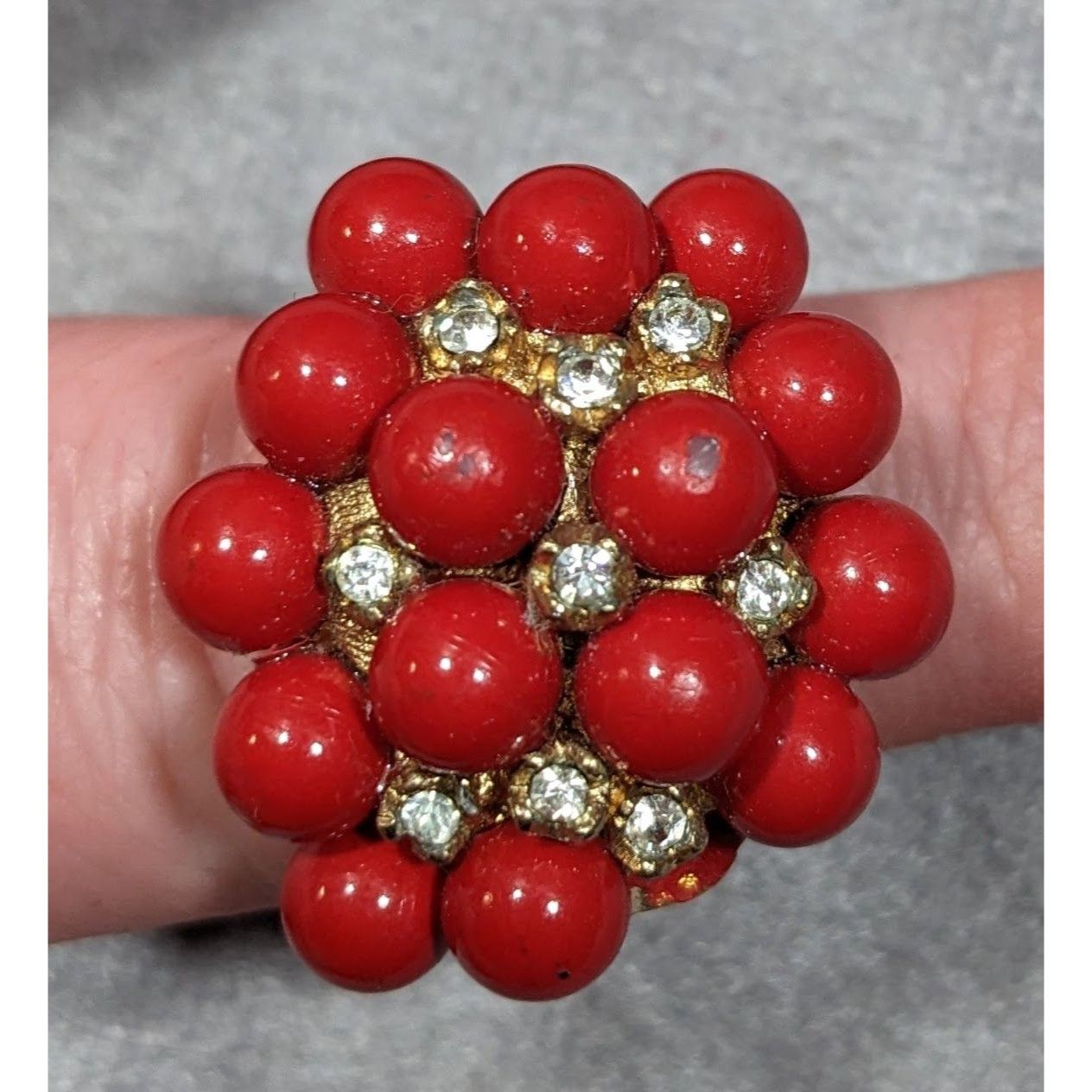 Other Vintage Chunky Red And Gold Tone Beaded Rhinestone Ring Size Size ONE SIZE - 9 Thumbnail