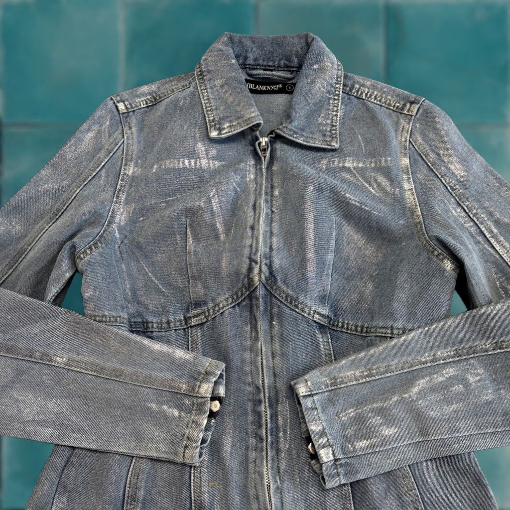 Vintage Blank NYC Blue Silver Metallic S Zipper Cuffs Glam Streetwear Moto Jean Jacket Women Jacket S Size 28" / US 6 / IT 42 - 1 Thumbnail