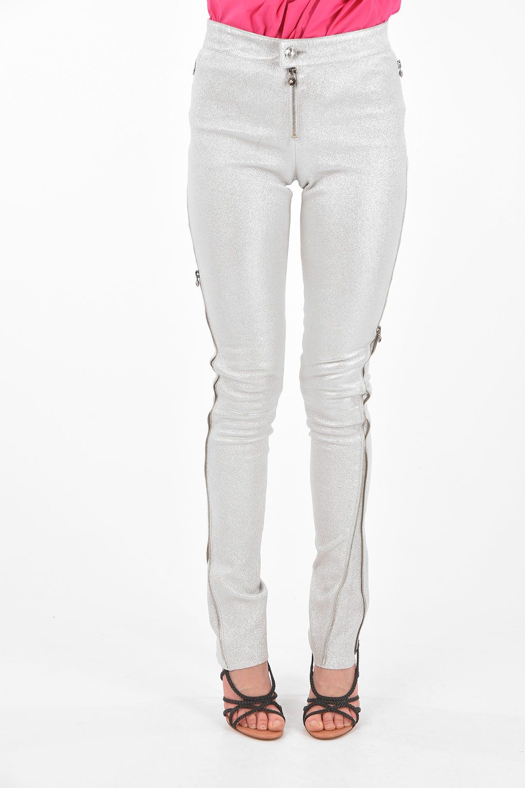 Philipp Plein og1mm0824 Glittery Leather Pants With Side Zip in Silver Size 28" / US 6 / IT 42 - 1 Thumbnail