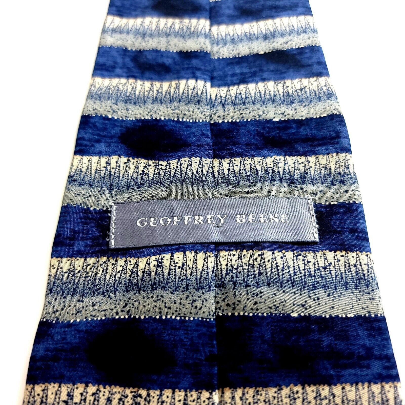 Designer Geoffrey Beene Blue Tan Abstract Print Striped Wide Silk Tie Size ONE SIZE - 3 Thumbnail