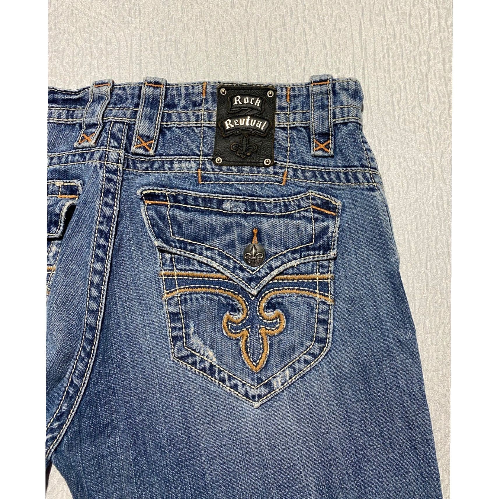 Vintage Rock Revival Jeans Mens 36x30 Distressed Embroidered Denim Cropped Raw Hem Paul Straight Straight Jeans Mens Blue 5-Pocket Design Logo Size US 36 / EU 52 - 4 Thumbnail