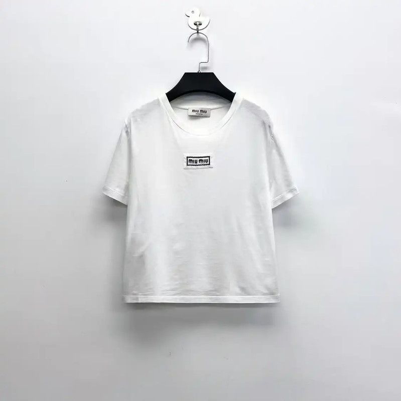 Miu Miu Miu Miu White Cotton Logo Cropped T-shirt 0089 Size M / US 6-8 / IT 42-44 - 1 Thumbnail