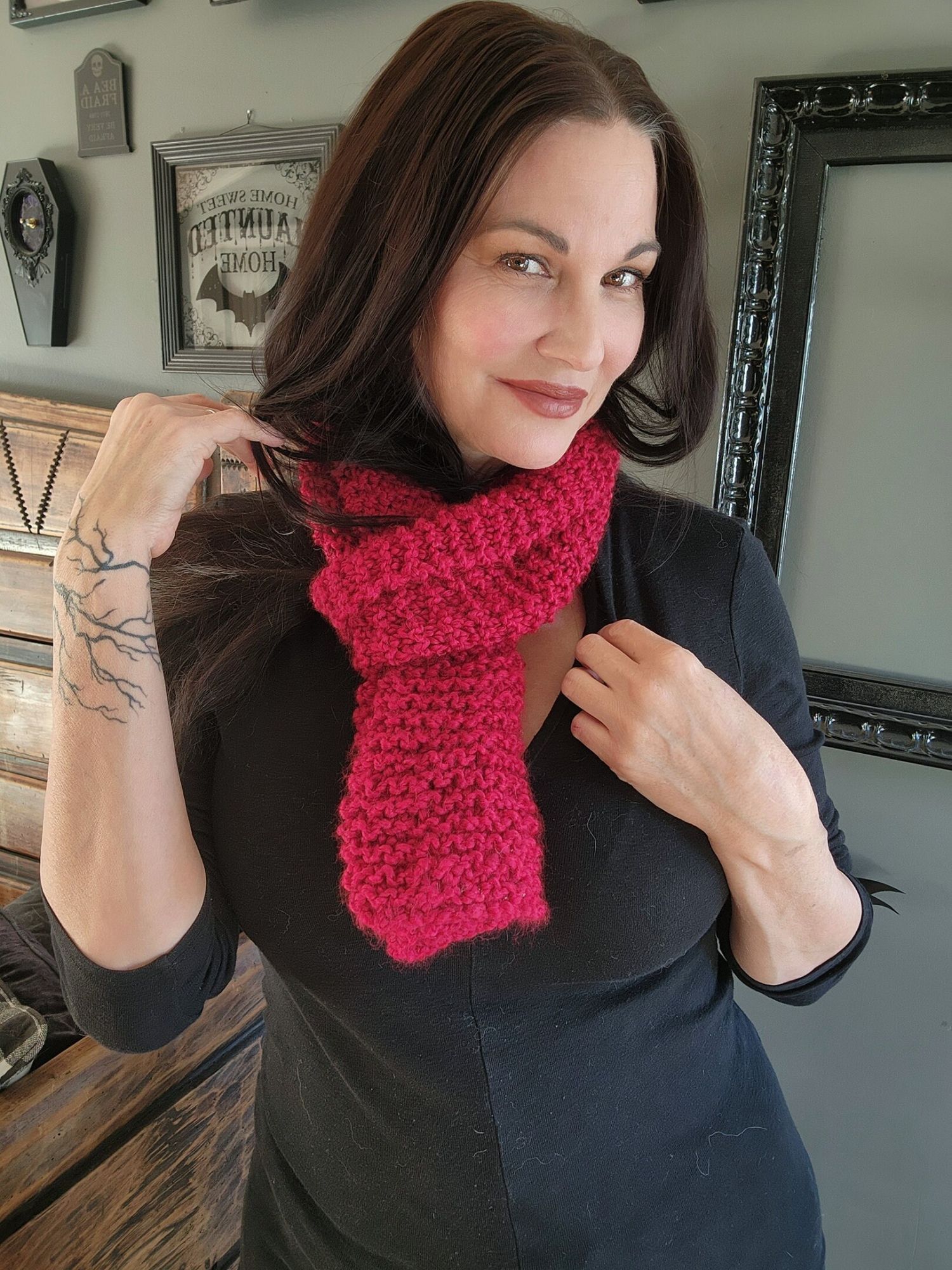 Handmade Knit Scarf, Chunky Red Boucle Yarn, "Crimson" OOAK One Of A Size ONE SIZE - 2 Thumbnail