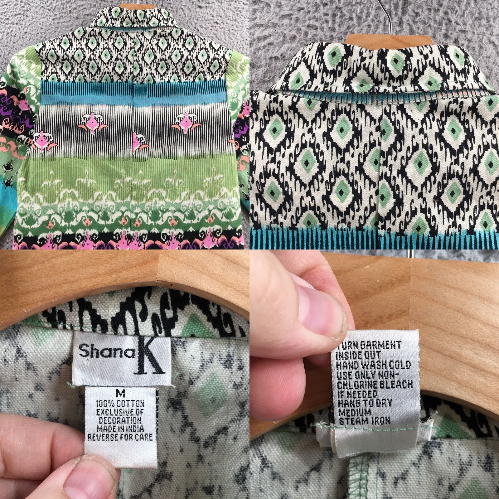 Vintage Shana K Shirt Women M Multi Abstract Print 3/4 Sleeves Button Up Collared Cotton Green Classic Geometric Casual All Seasons Mens? No Size M / US 6-8 / IT 42-44 - 8 Thumbnail