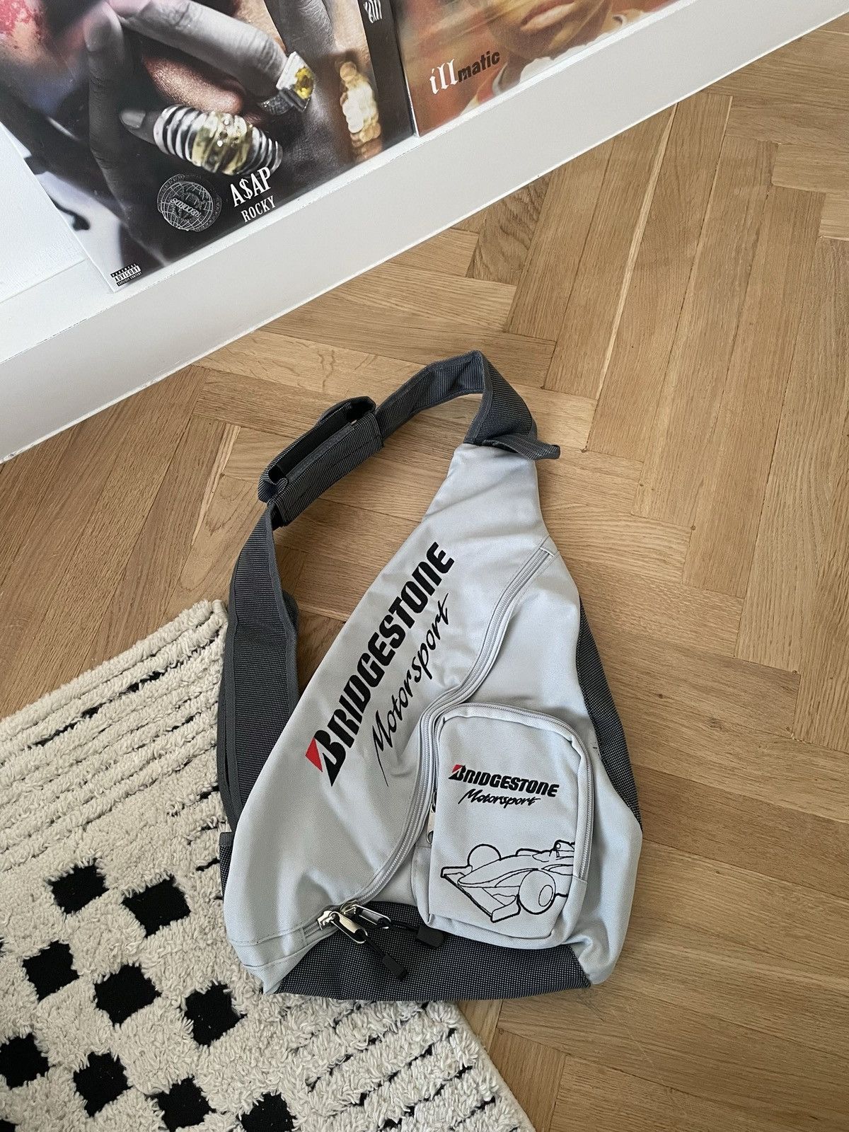 image of Vintage Bridgestone Racing Giant Crossbody Sling Bag Backpack Y2K in Grey, Men's