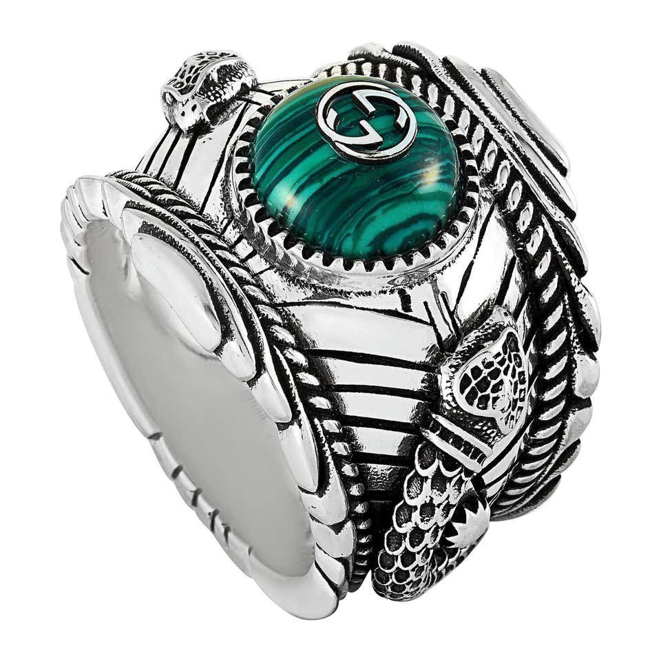 image of New Gucci Garden 925 Silver Size G23 Snakes Green Stone Ring, Men's