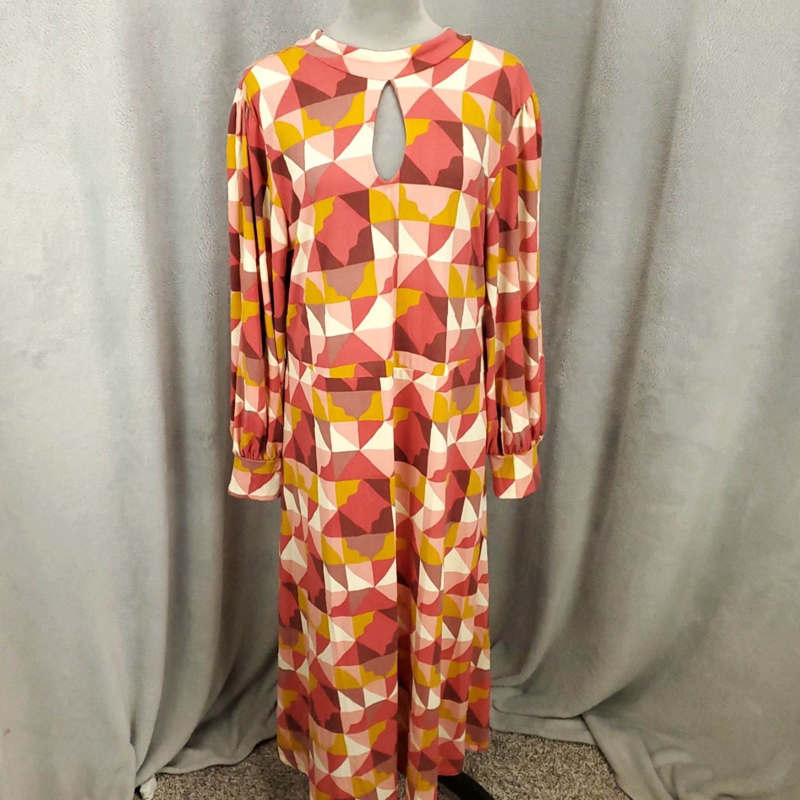 Vintage Eloquii Maxi Dress Women's 16 Orange White Red Geometric Knit Long Sleeve Round Neck Keyhole Neck Stretch Pullover Casual Travel Party/Cocktail Size XXL / US 16-18 / IT 52-54 - 2 Thumbnail