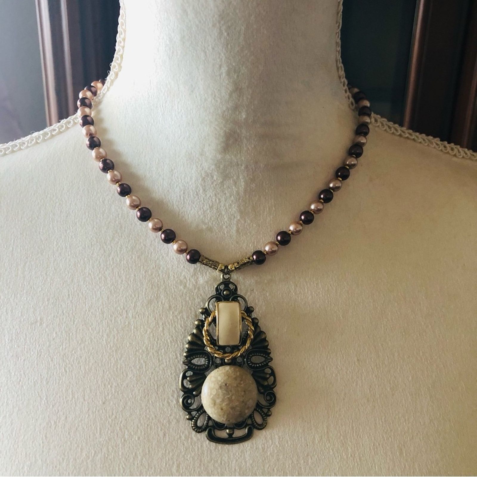 Handmade Handcrafted repurpose filigree pendant Czech Pearl necklace Size ONE SIZE - 3 Thumbnail