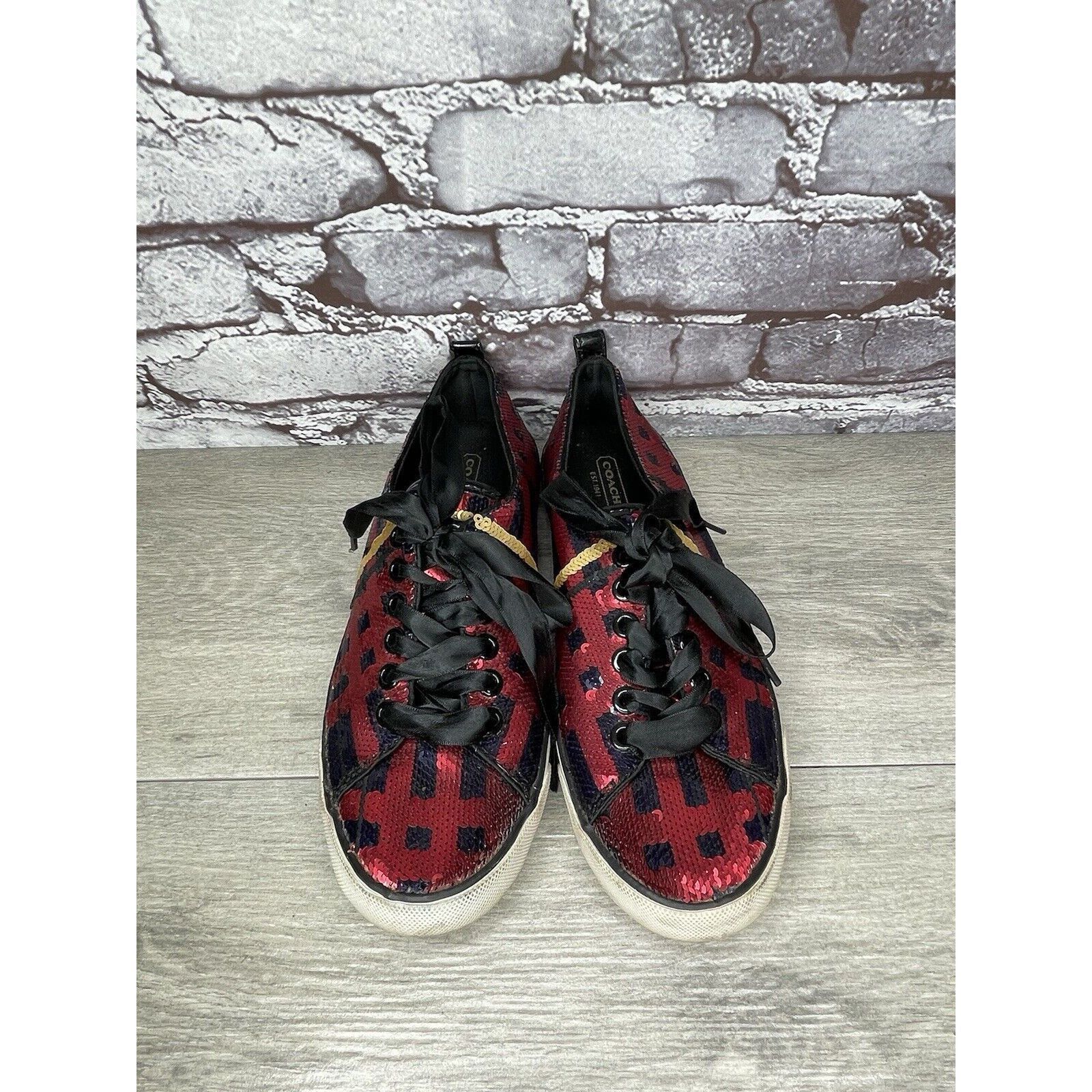 Coach Coach Willa Sequin Black Red Plaid Casual Ribbon Lace Sneake Size US 7.5 / IT 37.5 - 3 Thumbnail