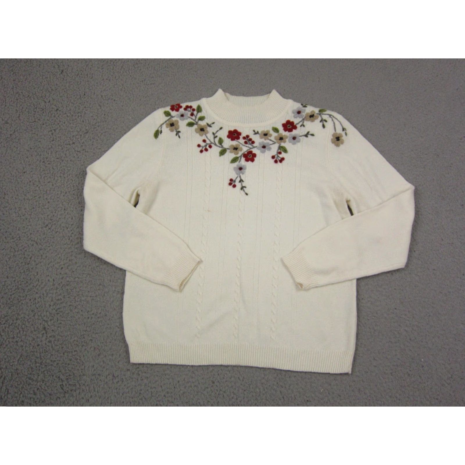 Vintage VINTAGE Alfred Dunner Sweater Womens PM Embroidered Floral Knit Mock Neck Pullover 90s Knit Ivory Overall Womens Size M / US 6-8 / IT 42-44 - 2 Thumbnail
