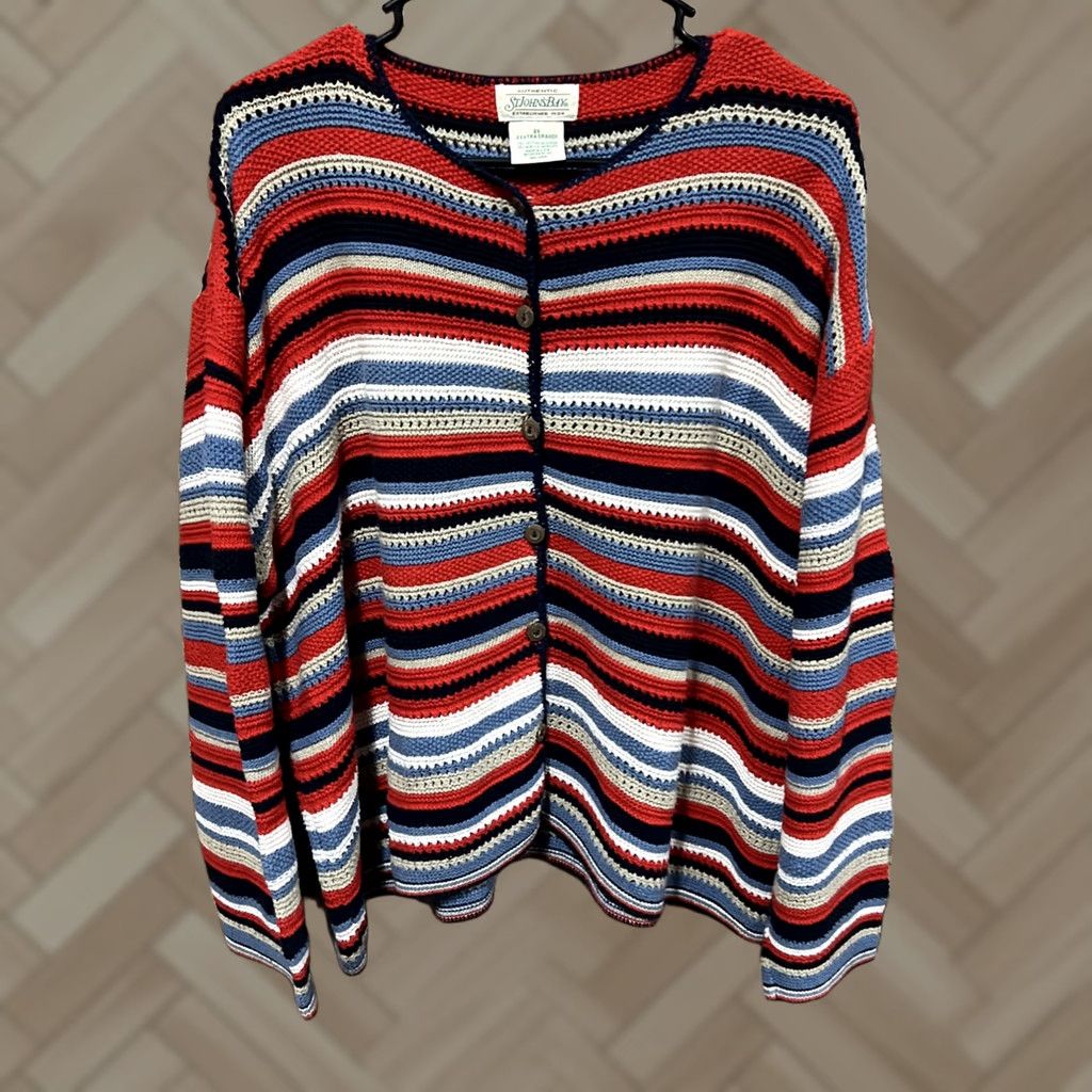 Vintage VINTAGE St. John's Bay Sweater Womens Plus 2XL Red Blue Striped Crew Neck Long Sleeve Button Pullover Wool Knit USA Size XXL / US 16-18 / IT 52-54 - 1 Thumbnail