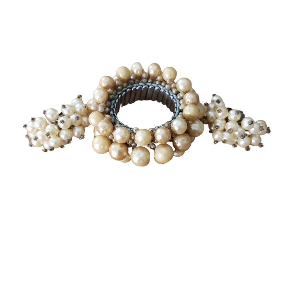 Designer Simulated Pearl Double Row Beaded Bracelet with Clip Earring Size ONE SIZE - 1 Thumbnail