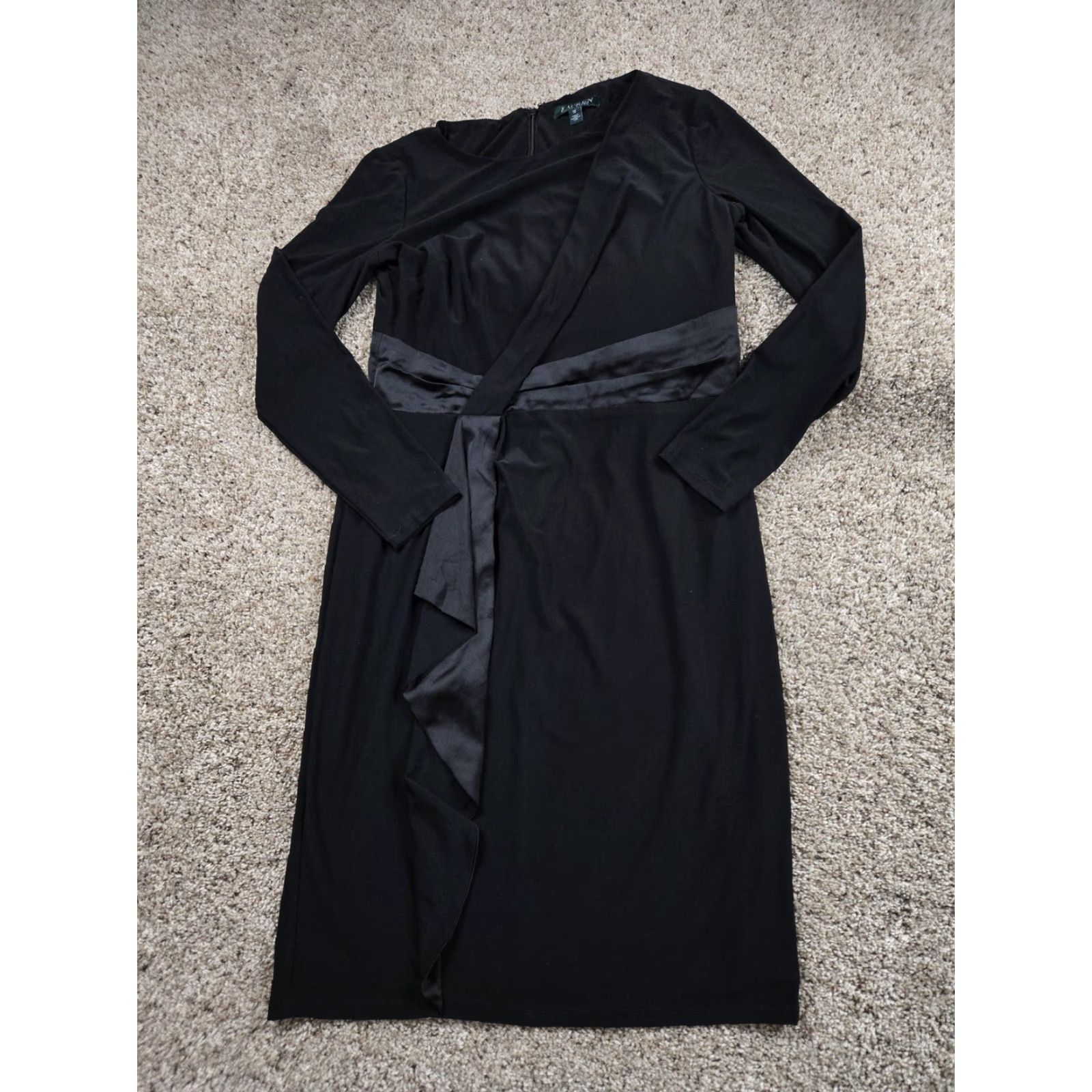 Ralph Lauren Lauren Ralph Lauren Dress Womens 10 Black Long Sleeve Faux Wrap Ruffle Sheath Dress Size L / US 10 / IT 46 - 2 Thumbnail