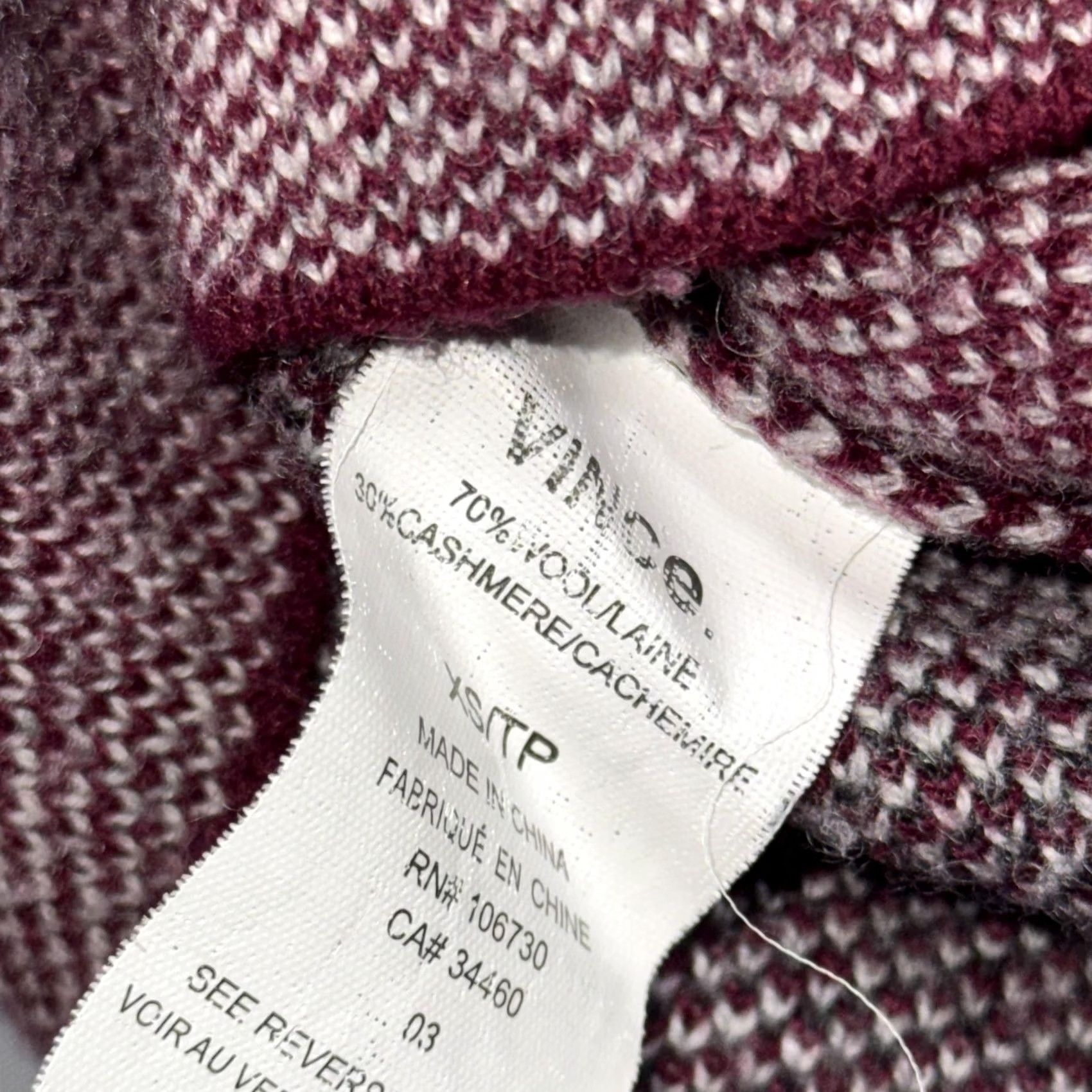 Vince Vince Womens XS Petite Burgundy Gray Wool Cashmere Colorblock Pullover Sweater Pullover Knit Crew Neck Long Sleeve Multicolor Striped Size XS / US 0-2 / IT 36-38 - 4 Thumbnail