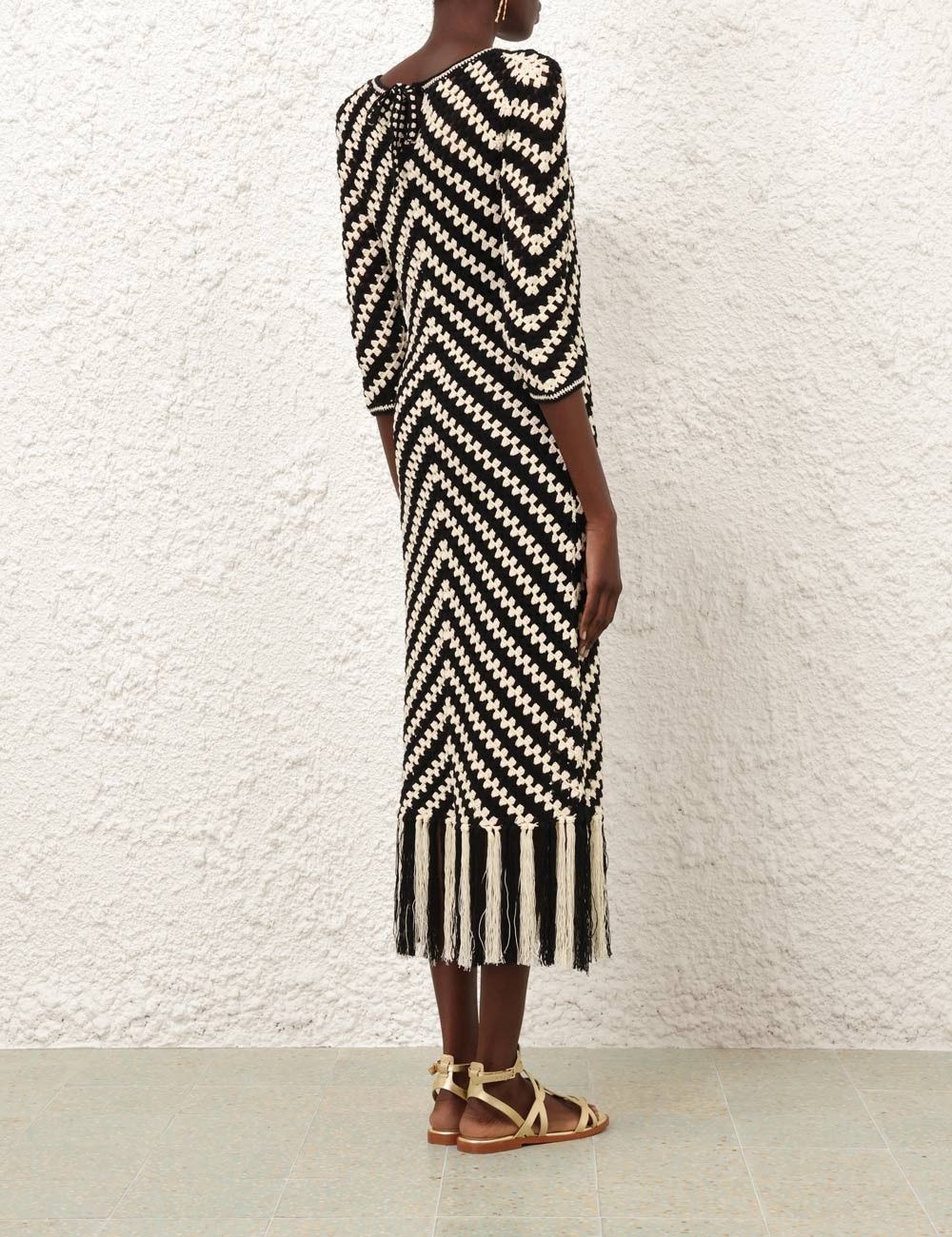 Zimmermann oc11z0525 Halliday Hand Crochet Midi Dress in Ivory & Black Size L / US 10 / IT 46 - 4 Thumbnail
