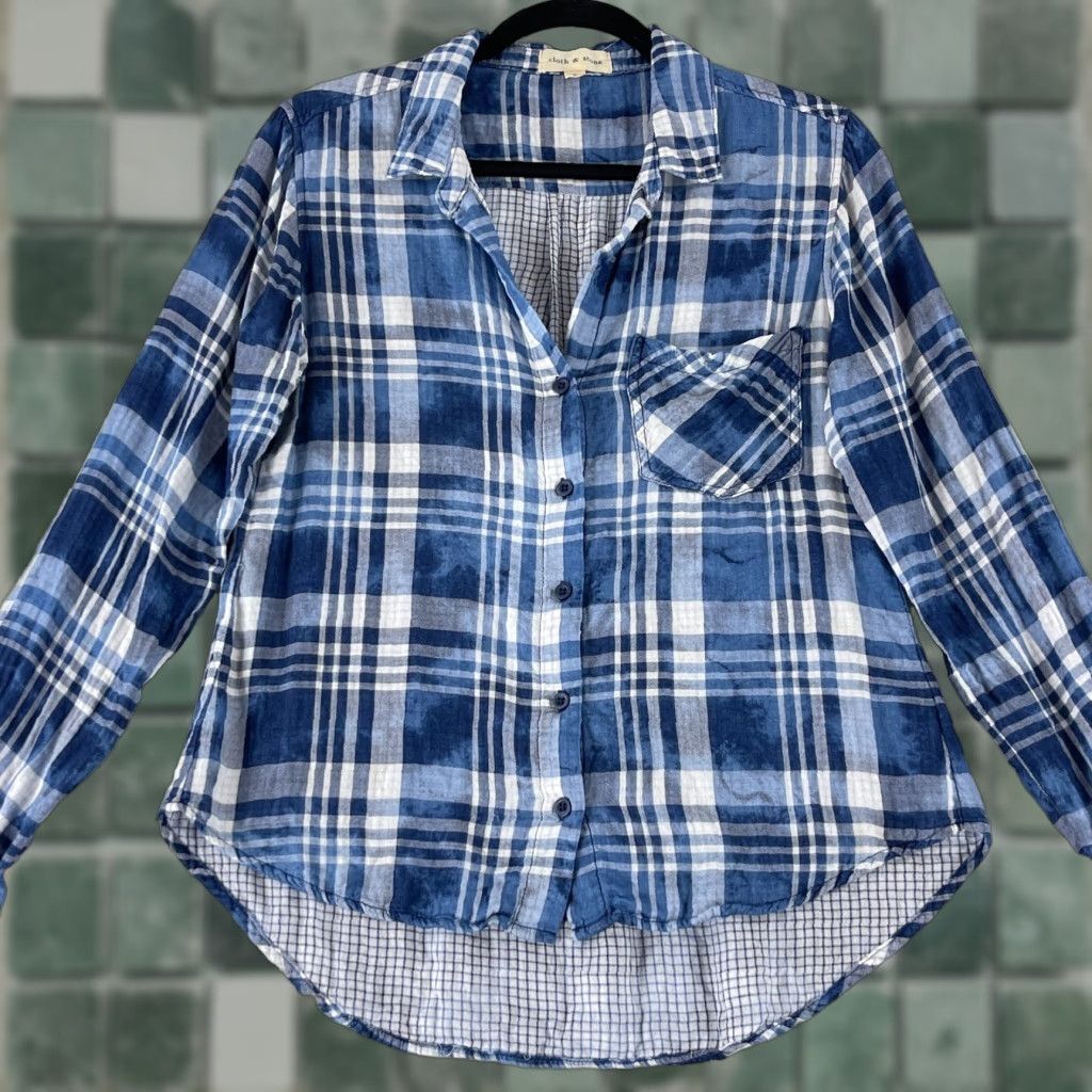 CLOT Cloth & Stone Button-Up Shirt Womens Small Blue Plaid Long Sleeve Casual V-Neck Size S / US 4 / IT 40 - 1 Thumbnail