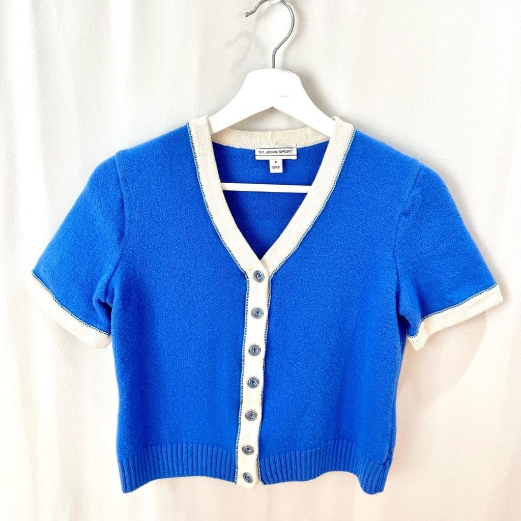 St. John St. John Blue Cropped Short Sleeve Wool Cardigan US P/S Size S / US 4 / IT 40 - 2 Thumbnail