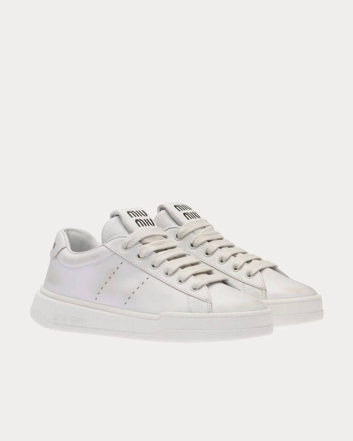 Miu Miu o1B3y1r0526 Bleached Leather Low Top Sneakers in White Size US 6.5 / IT 36.5 - 3 Thumbnail