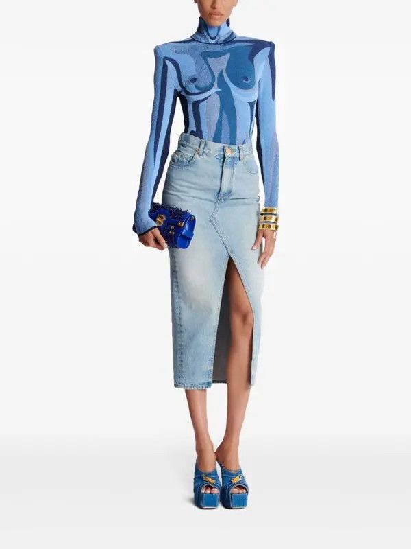 Balmain o1s1wg111225 Denim Midi Skirt in Blue Size 30" / US 8 / IT 44 - 5 Thumbnail