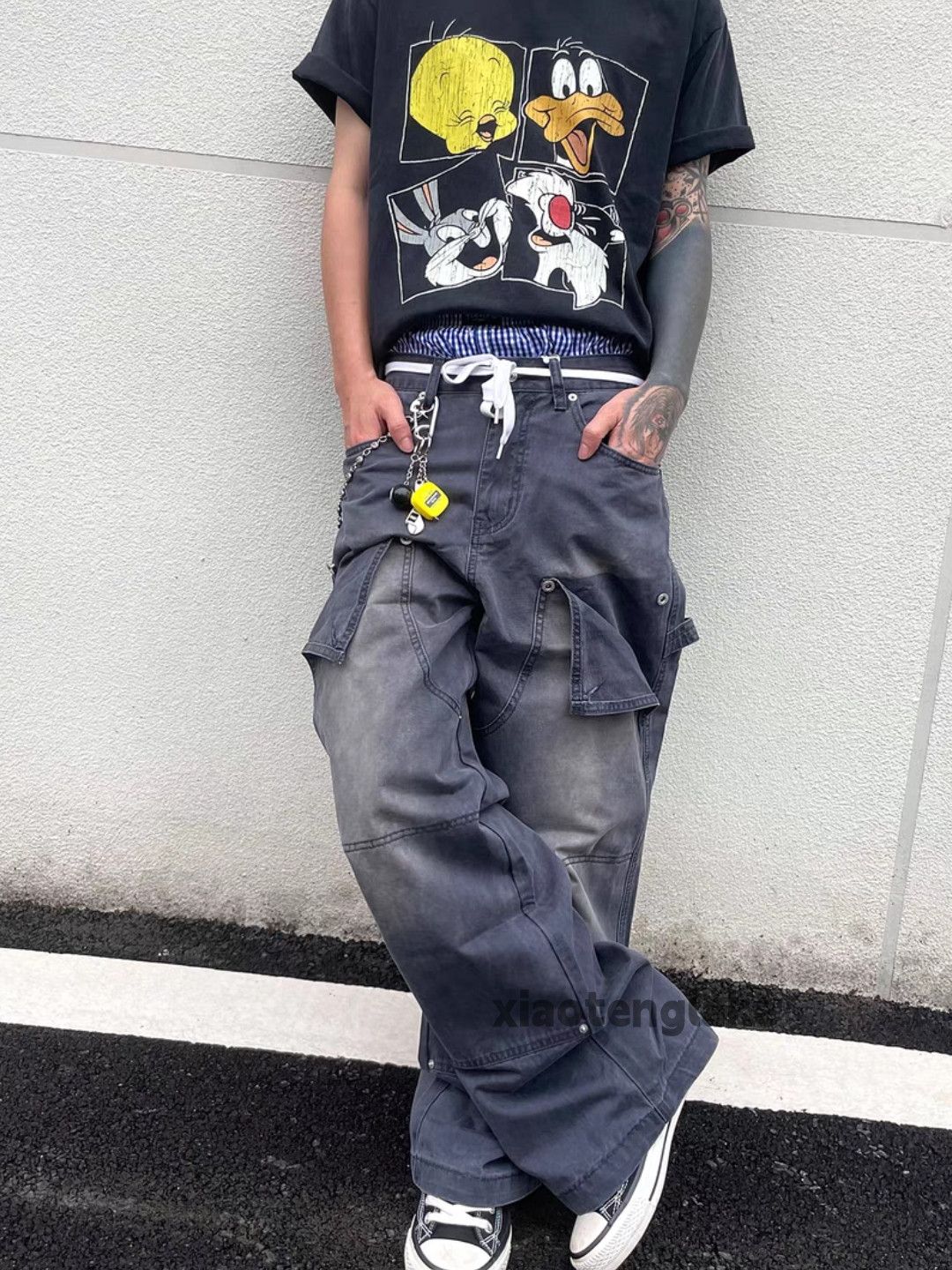 Designer Unisex washed faded loose baggy hiphop carpenter pants Size US 33 - 5 Thumbnail