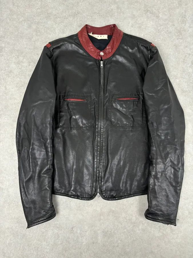 Marni 2010s Marni Black Contrast Red Collar Biker Leather Jacket Size US M / EU 48-50 / 2 - 1 Thumbnail