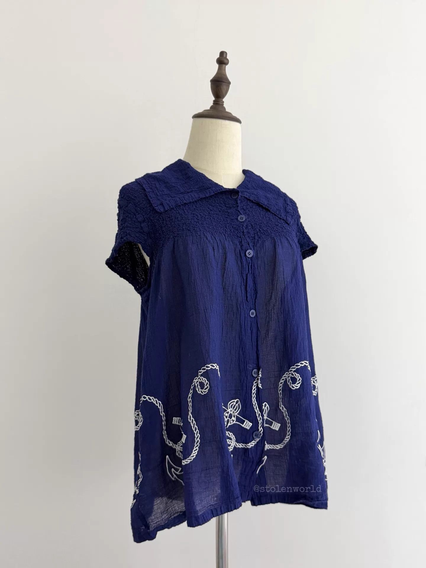 Issey Miyake Issey Miyake Deep Blue Pleated Embroidered Loose Skirt Top Size ONE SIZE - 6 Thumbnail