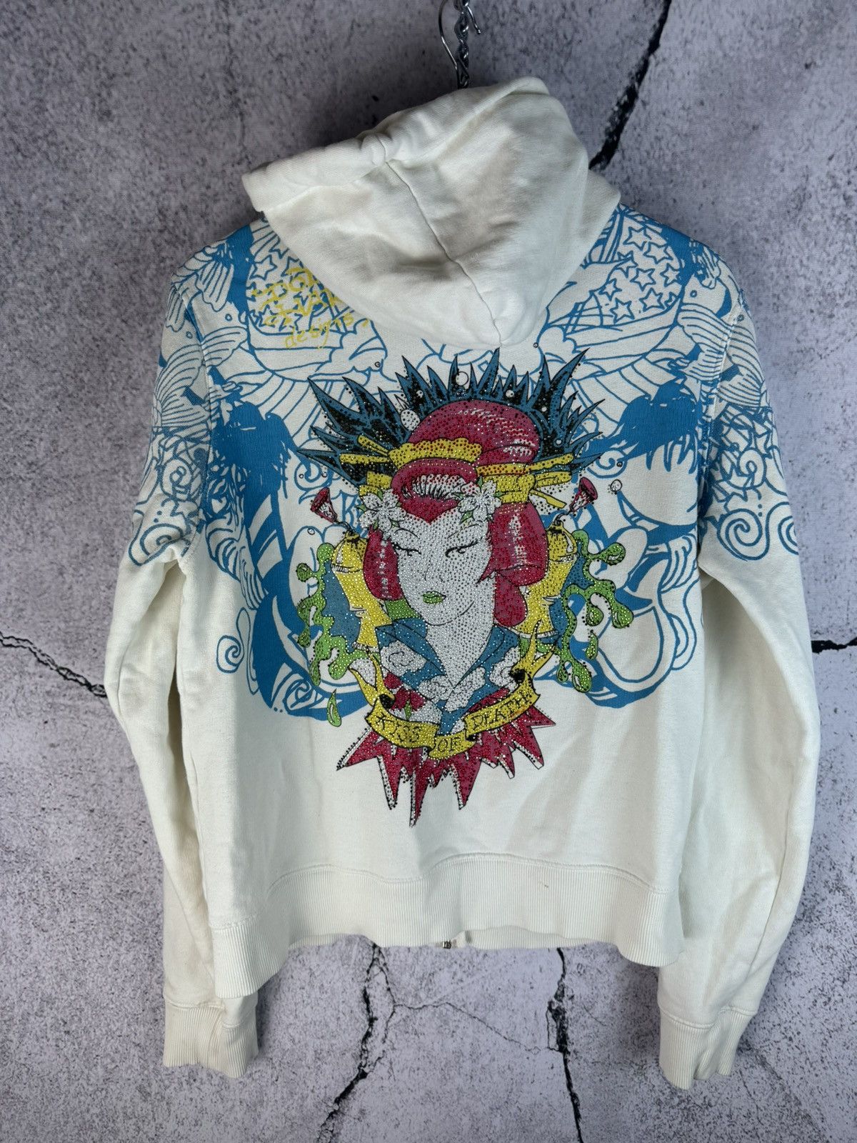 image of Vintage Ed Hardy By Christian Audigier Zip Up Hoodie 00S Y2K in Dark Blue/Navy, Men's (Size Small)
