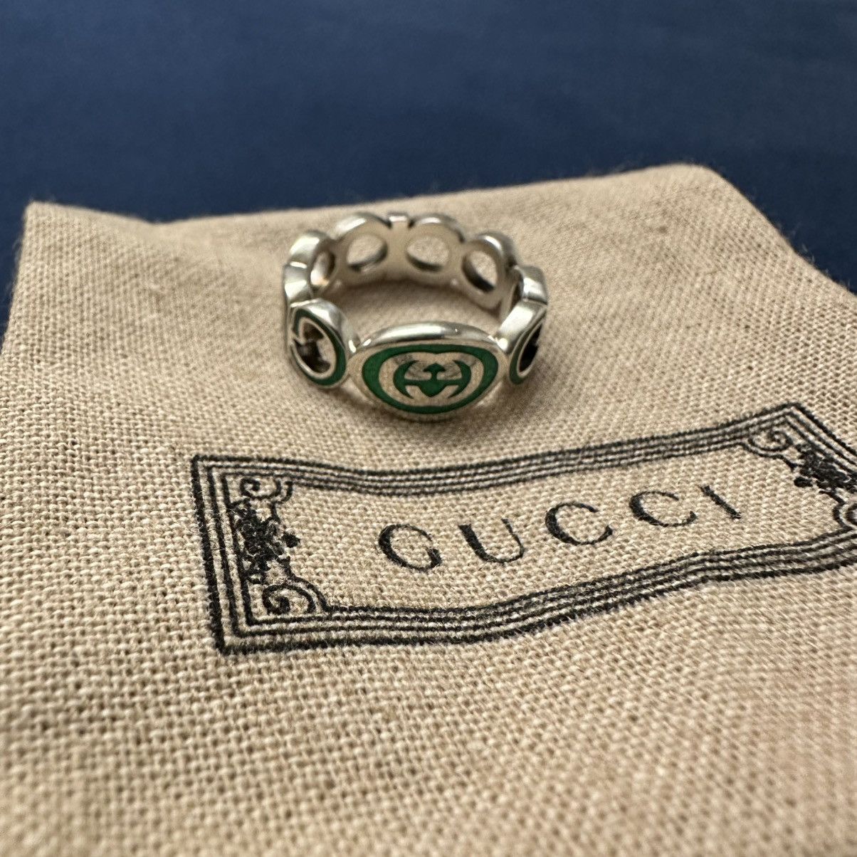 Gucci Gucci Interlocking G Sterling Silver Green Enamel Ring Size ONE SIZE - 7 Thumbnail