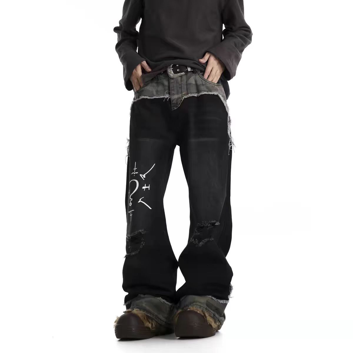 Japanese Brand × Jean Street Wash Hip Hop Straight Leg Camouflage Spliced Jeans Size US 34 / EU 50 - 1 Thumbnail