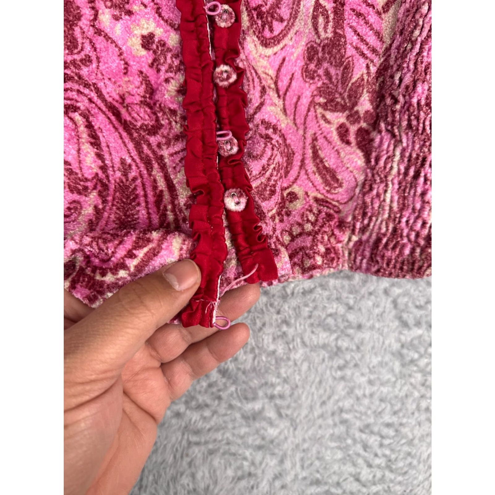 Free People Free People Blouse Shirt Womens S Pink Velvet Cropped Balloon Sleeve Square Neck Paisley 70s Bohemian College Fairy Hippie Peasant Collarless Ladies Size S / US 4 / IT 40 - 6 Thumbnail