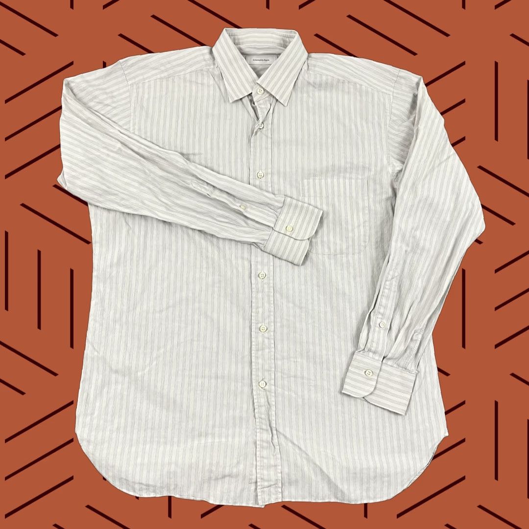 Ermenegildo Zegna VINTAGE Ermenegildo Zegna Dress Shirt Men 42 16.5 Gray Striped Long Sleeve Business Casual Formal Size 42R - 1 Thumbnail