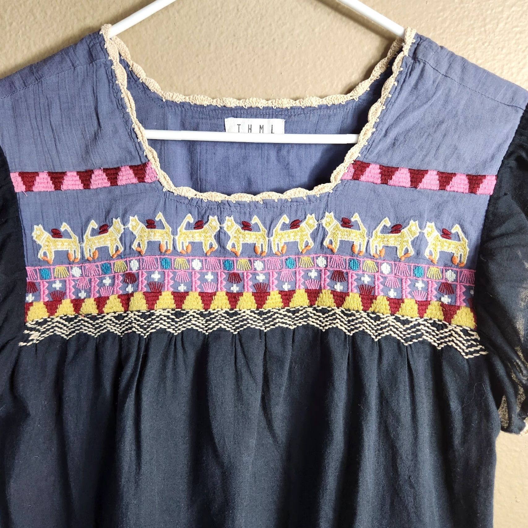 Vintage THML Blouse S Navy Embroidered/Crochet Flutter Sleeve Shirt Women Small Blue Bohemian Womens Shirt Size S / US 4 / IT 40 - 4 Thumbnail