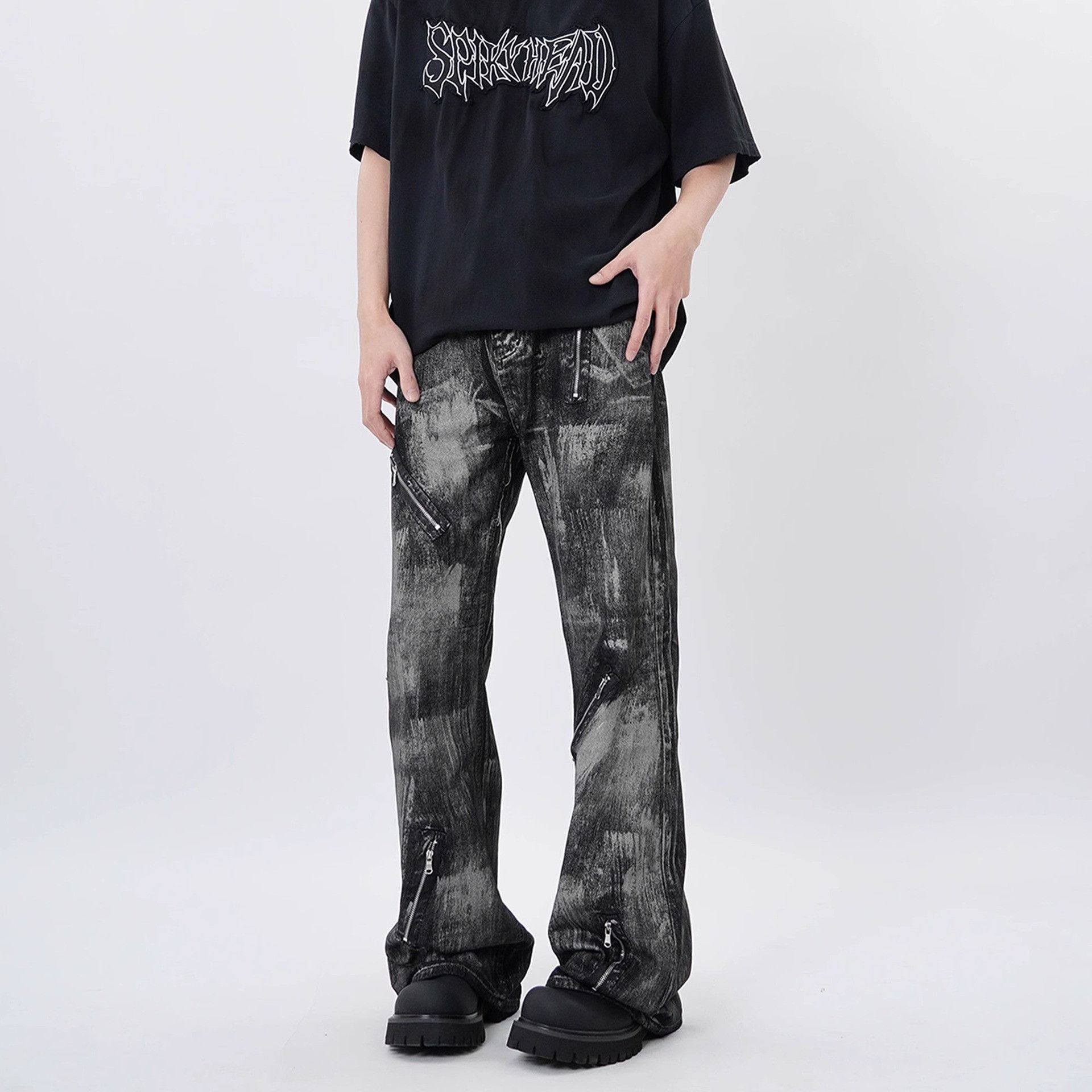 Japanese Brand Retro loose tie dye zipper micro flared jeans Size US 32 / EU 48 - 1 Thumbnail