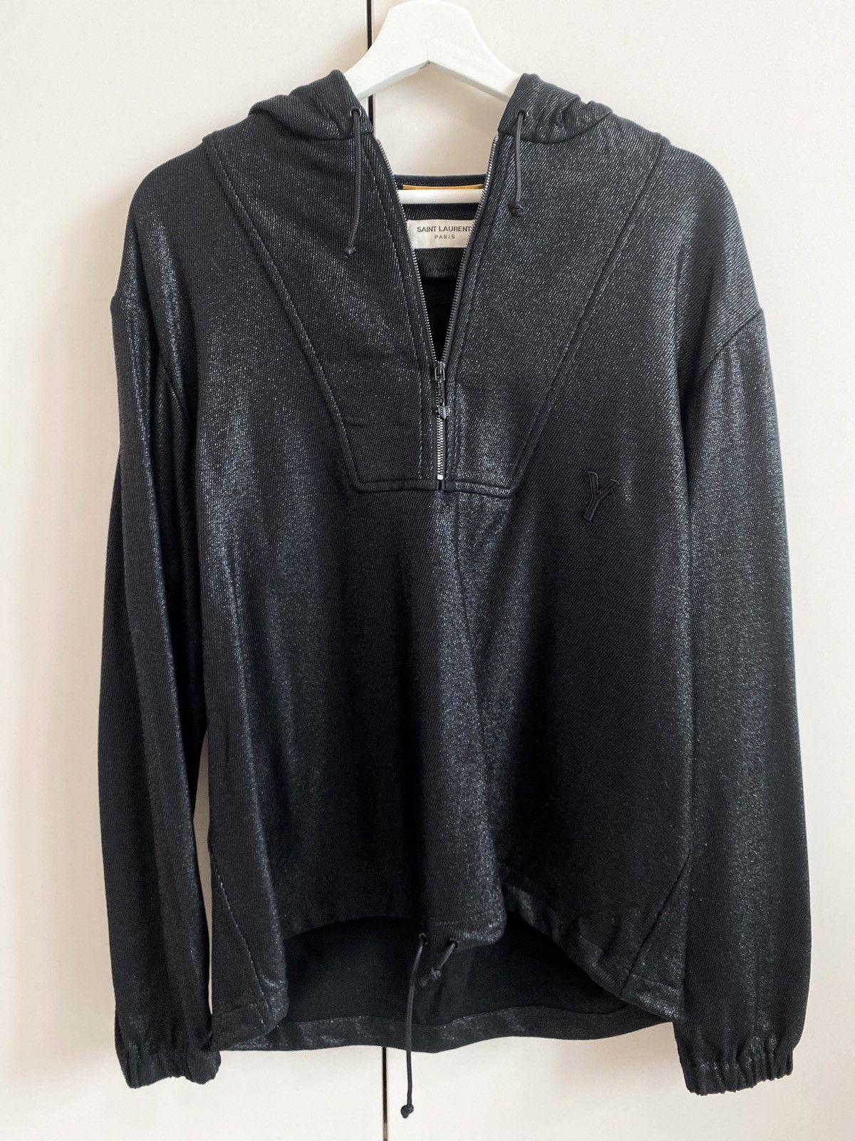 image of Saint Laurent Paris Saint Laurent Half-Zip Metallic Windsurfer Hooded Jacket in Black (Size Medium)