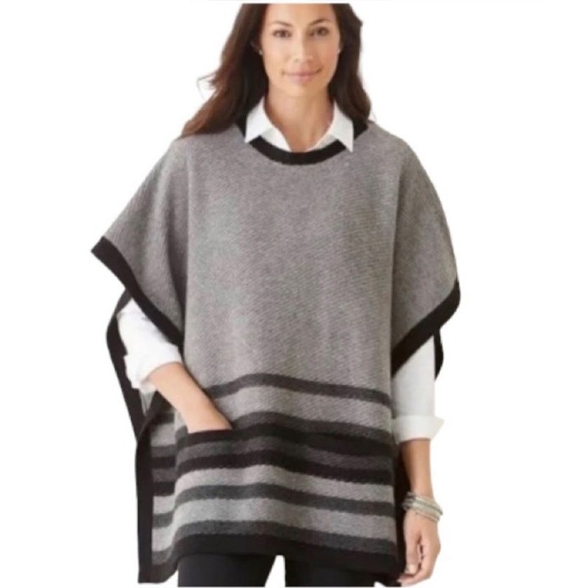 J. Jill J. Jill Womens Wool Striped Poncho Sweater OS Oversized Cozy Size ONE SIZE - 1 Thumbnail