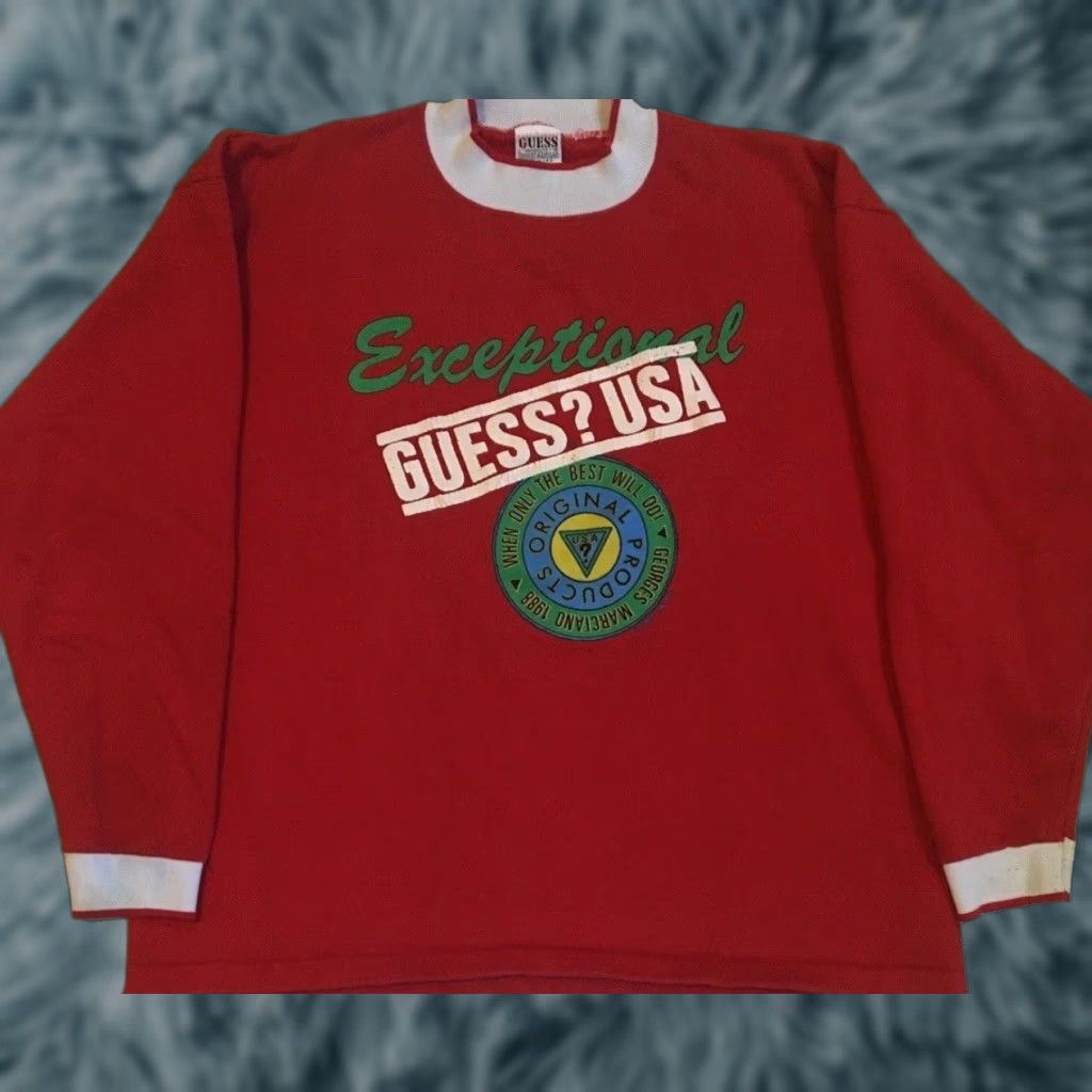 Guess VINTAGE Guess Jeans Sweatshirt Hoodie M Red 80s 90s USA Boxy Women Pullover Athletic Popular Retro Grunge Surf Skate Basketball style Spellout Size M / US 6-8 / IT 42-44 - 1 Thumbnail