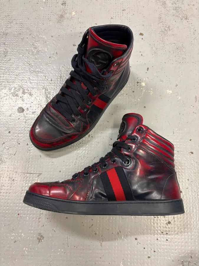 Gucci Gucci Red Black Leather Logo High-Top Sneakers Size US 6.5 / IT 36.5 - 5 Thumbnail