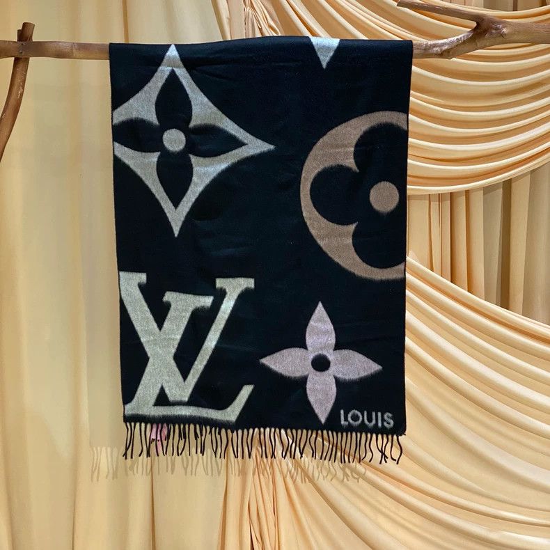 Louis Vuitton Louis Vuitton Black big logo full printed cashmere scarf Size ONE SIZE - 1 Thumbnail
