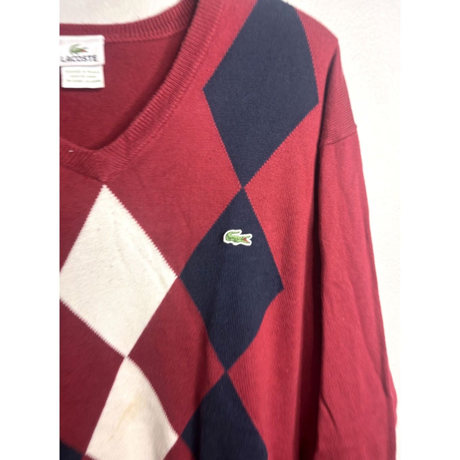 Lacoste Lacoste Sweater Mens XL Red Argyle Diamond V-Neck Pullover Knit Croc Logo Preppy Size US XL / EU 56 / 4 - 2 Thumbnail