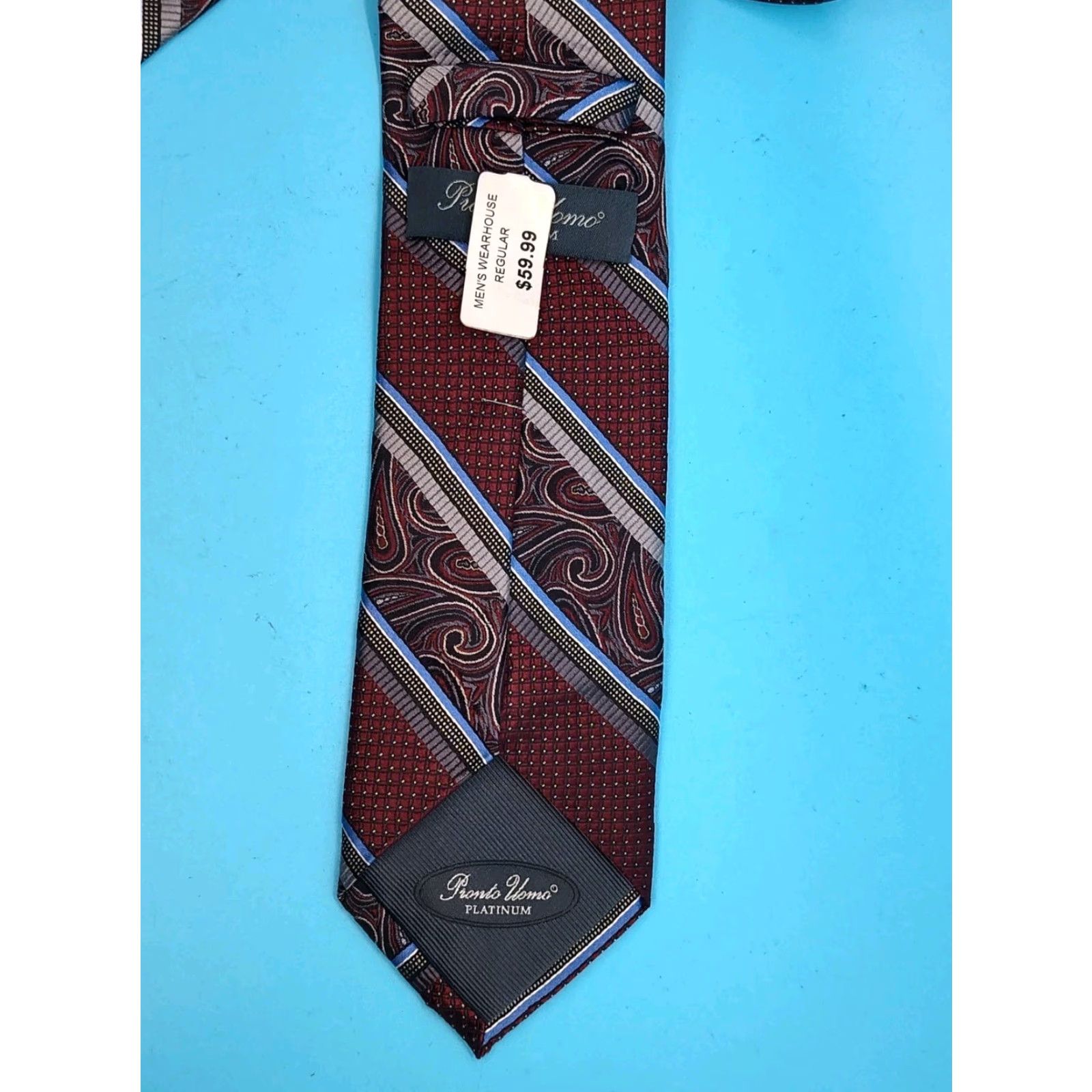 Pronto Uomo VINTAGE Pronto Uomo Silk Necktie Mens Long 3" Burgundy Paisley Silver Geometric Preppy 61" NEW Size ONE SIZE - 5 Thumbnail