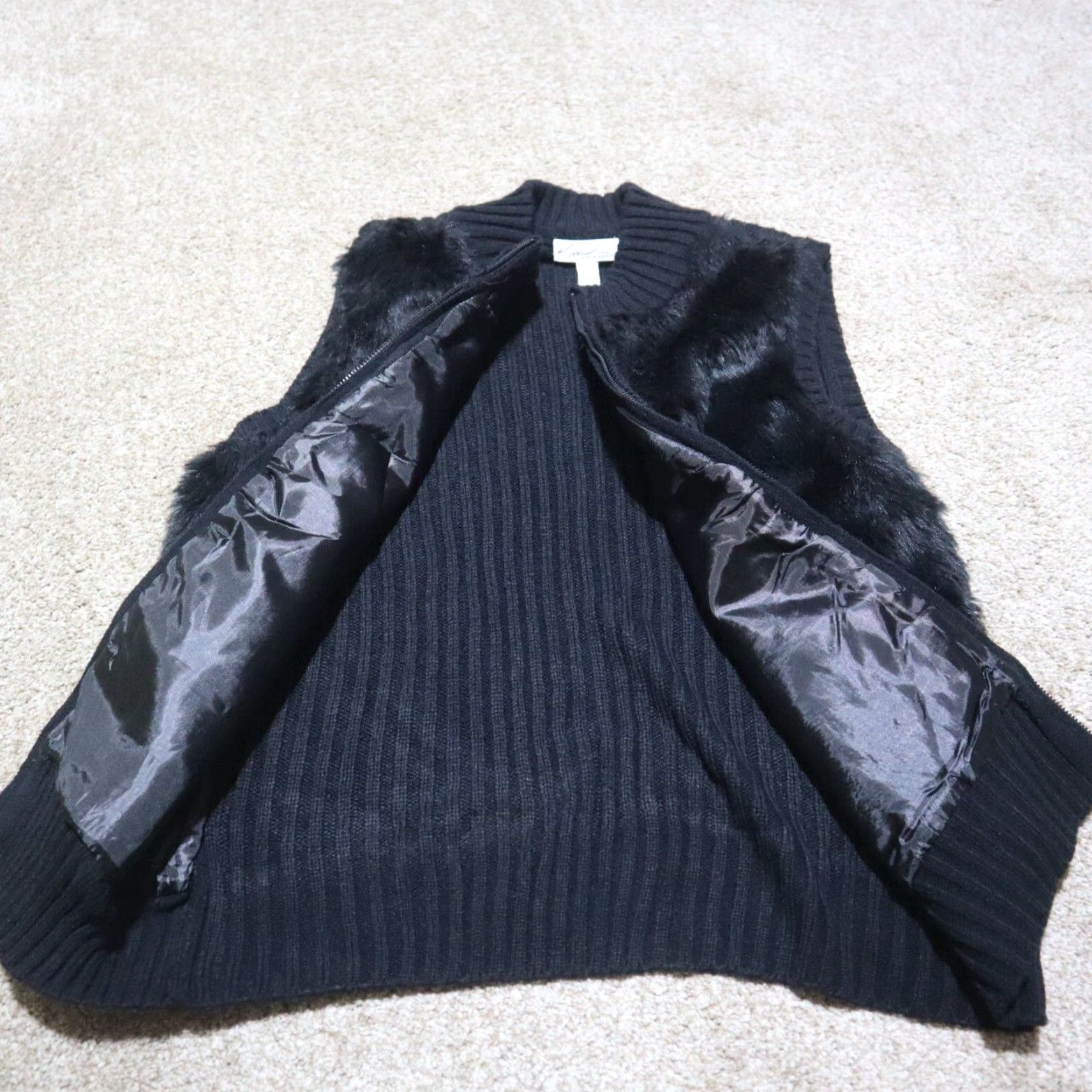 Vintage Kim Rogers Vest Women PL Black Faux Fur Knit Back Ribbed Stretch Zip Size L / US 10 / IT 46 - 4 Thumbnail