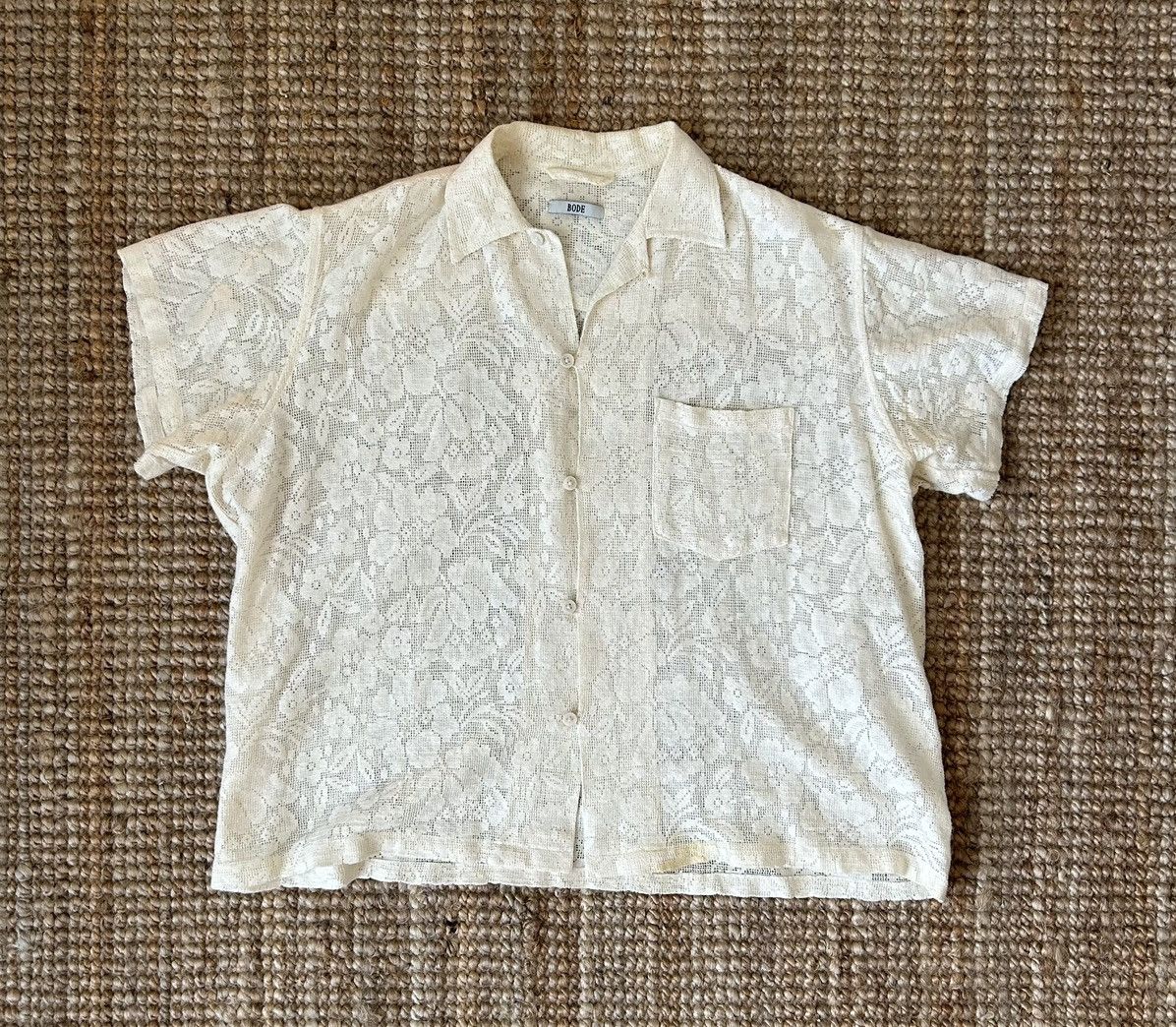 image of Bode Ecru Daisy Lace Short Sleeve Shirt, Men's (Size Medium)