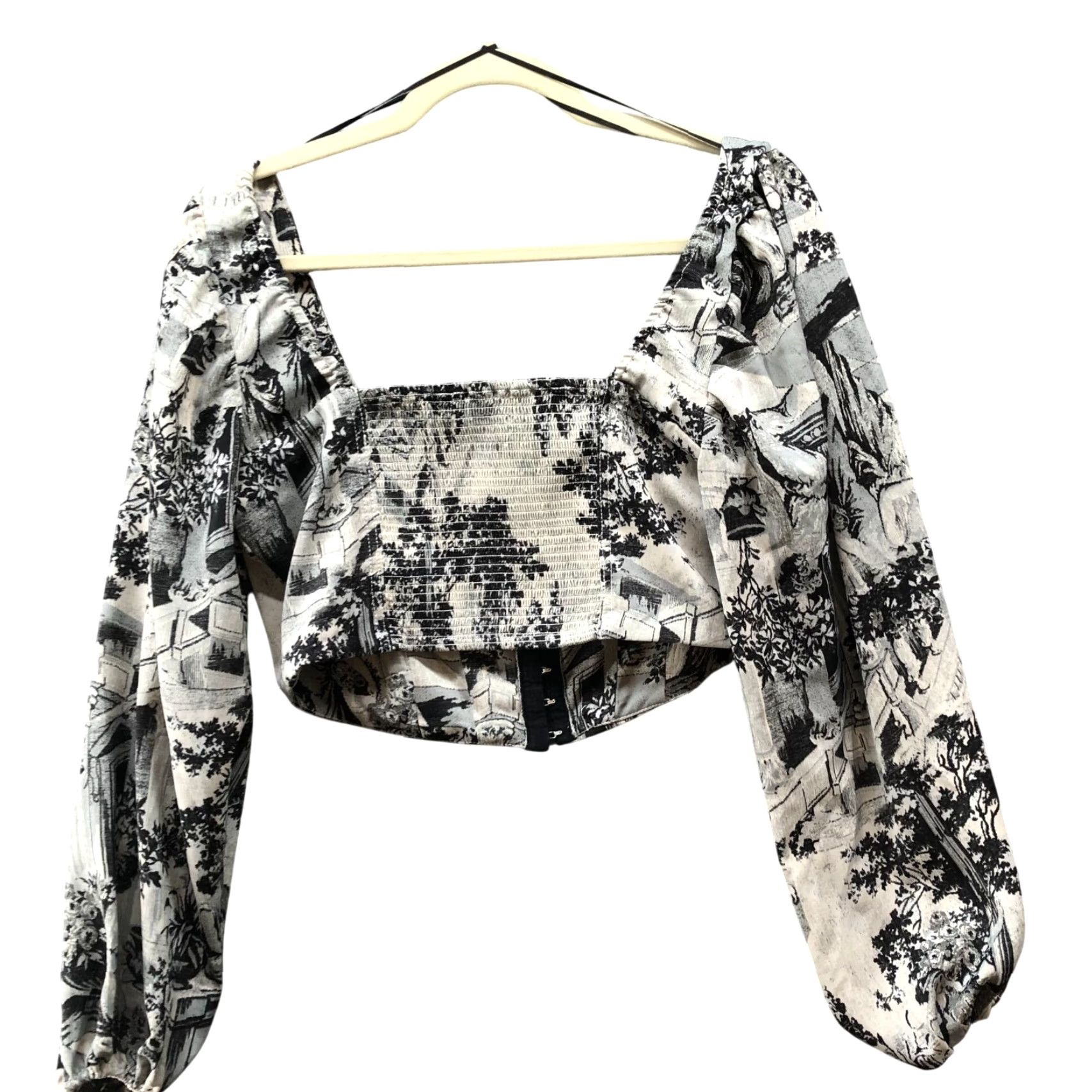 Urban Outfitters Urban Outfitters Maddie Bustier Blouse Womens L Toile Print Balloon Sleeve Cropped Square Neck Bohemian Polyester Spandex Black Shirt Womens L Size L / US 10 / IT 46 - 2 Thumbnail