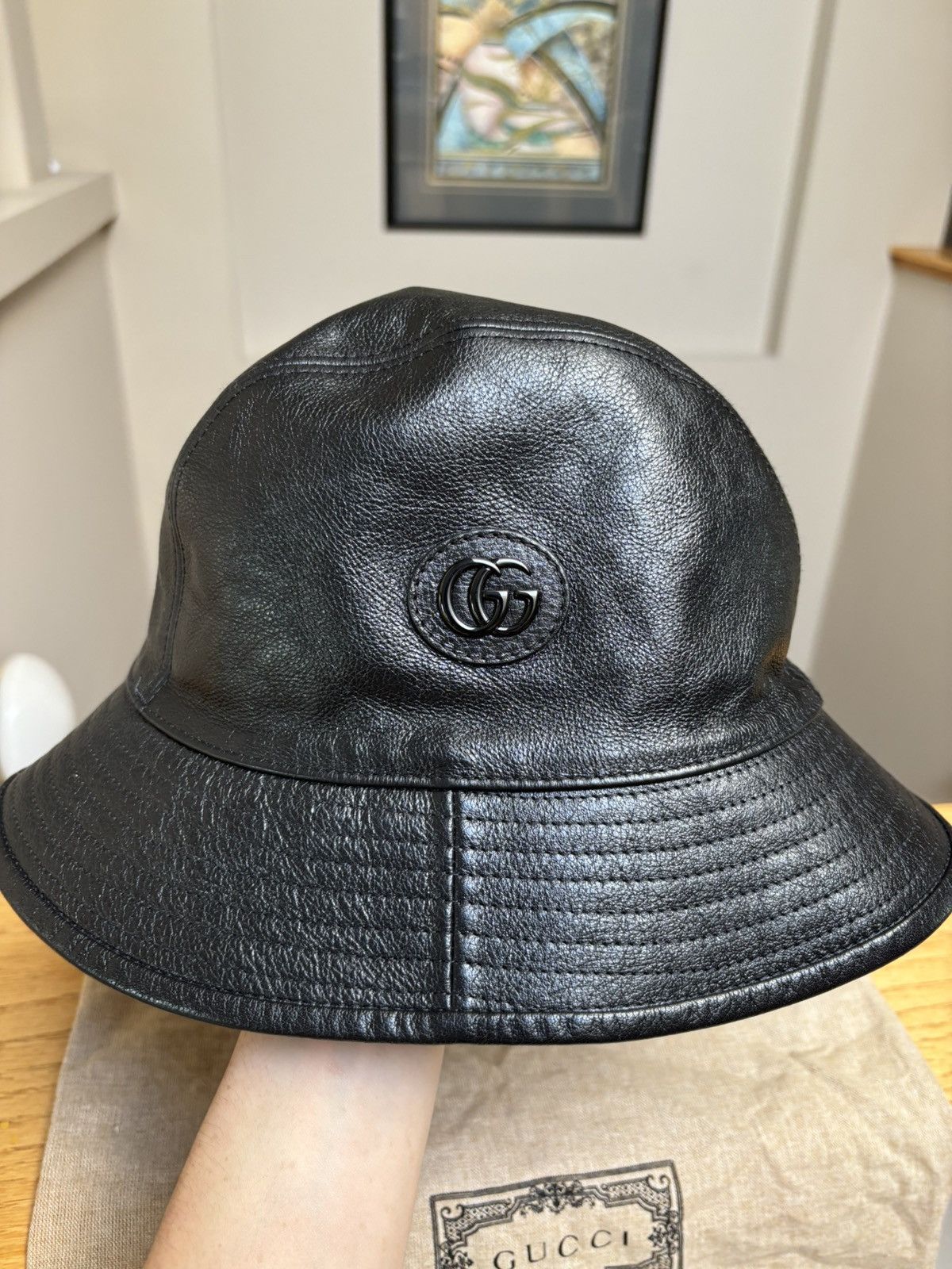 Gucci Gucci Black Leather ‘Double G’ Bucket Hat Size ONE SIZE - 3 Thumbnail