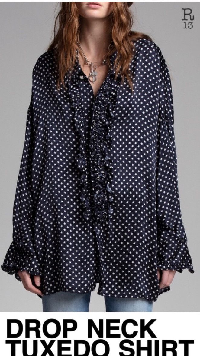 image of R13 Drop Neck Tuxedo Shirt In Navy Star Blue. Xs, Women's