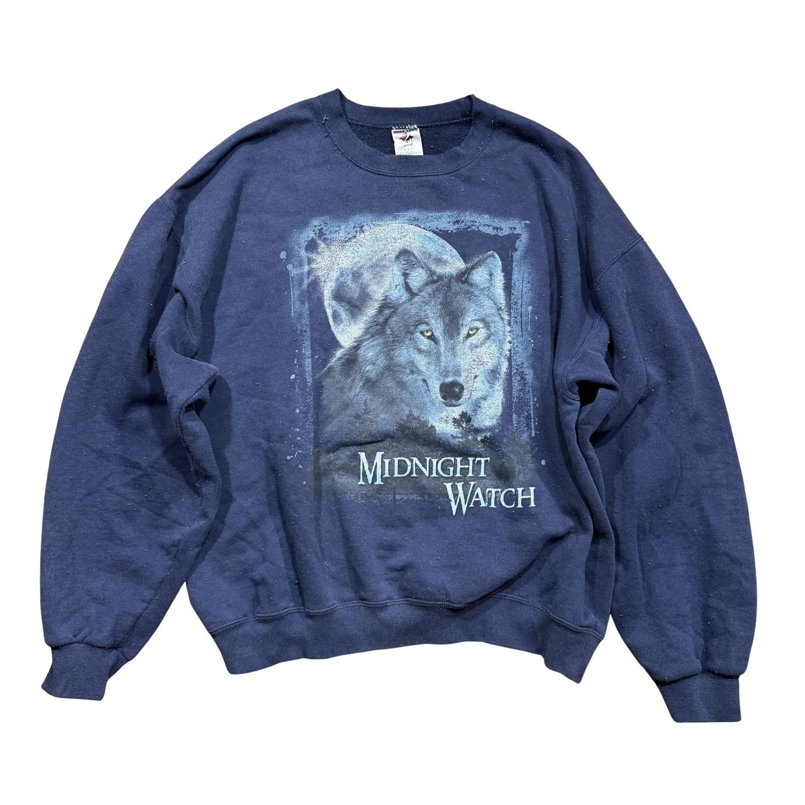 Jerzees Vintage Midnight Watch Wolf Y2K Navy Graphic Crewneck Size US L / EU 52-54 / 3 - 1 Thumbnail